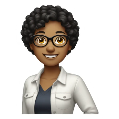 Standing girl with black curly hair, round glasses and a big smile sticker