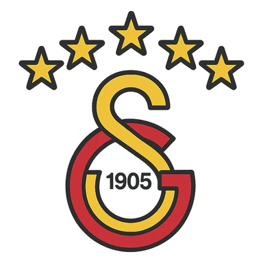 Galatasaray emblem, 5 stars above, contemporary design, yellow and red, minimalistic, color outline icon style sticker