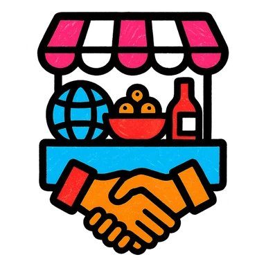A vibrant icon of a marketplace with various international goods and a partnership symbol, using colors #1E90FF, #F13816, and #FFFFFF sticker