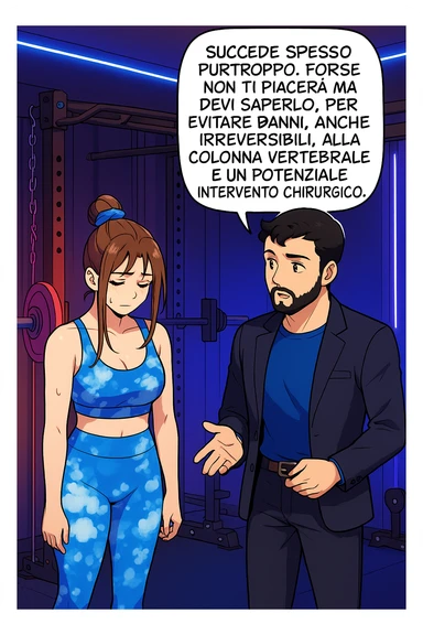 fai questa immagine in versione fumetto/manga/webtoon a colori, il manga mostra l'uomo che risponde alla donne:
Succede spesso purtroppo. 
Forse non ti piacerà ma devi saperlo, per evitare danni, anche irreversibili, alla colonna vertebrale e un potenziale intervento chirurgico. sticker