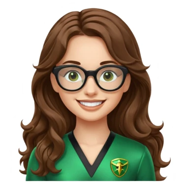 green power ranger, white girl with long brown wavy hair, thin black glasses, smiling, emoji style sticker