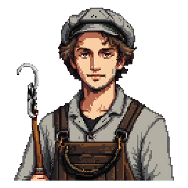 English dockworker from 1800s with weather-worn face, simple clothes and docker's hook sticker