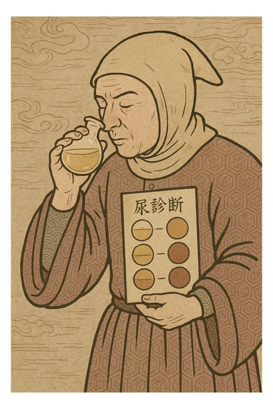 A medieval doctor carrying out a urine sample with a urine sample chart and smelling the urine sticker