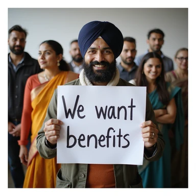 group of indian customers holding a board written "We want benefits" sticker