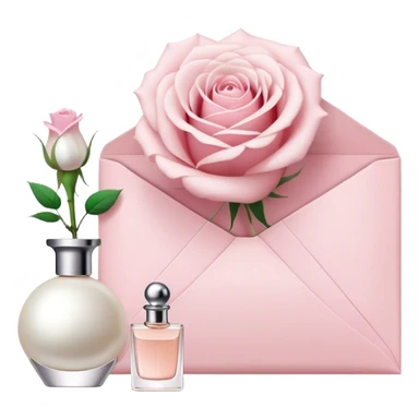 white rose next to a pearl-colored envelope and a flacon of aesthetically pleasing perfume in powder pink  sticker