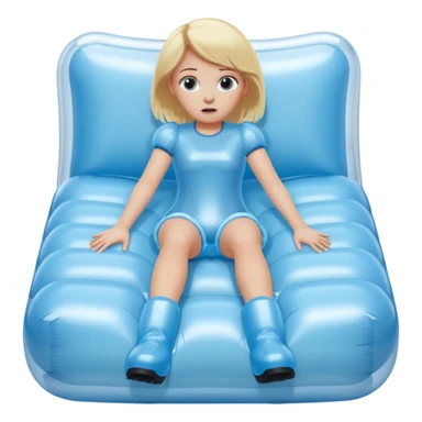 chica rubia con cara de miedo con unas botas de presoterapia gigantes inflables tirada en una cama sticker