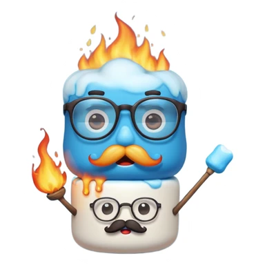 blue marshmallow on fire, surprised with mustache and glassess, just marshmallow sticker