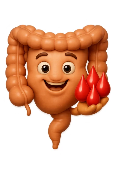 emoji stile iphone 3d di stomaco e intestino collegati verticalmente con 3 gocce di sangue 3d in mano, iperrealistiche 4k sticker