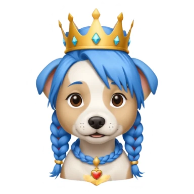 blue haired dog with braided hair and a crown sticker