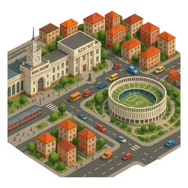 Изометричная миниатюрная фотореалистичная 3D модель панорамы Краснодара - вокзал Краснодар, КубГМУ, парк Краснодар со стадионом, краснодарские дома, автотранспорт четкие линии, яркие цвета, мультяшный реализм, люди, автотранспорт, компактная композиция, вид сверху в изометрии, прозрачный фон sticker