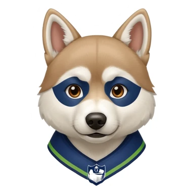 White  brown husky with Seattle Seahawks gear sticker