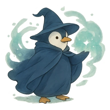ghibli style penguin wizard with flowing cloak and magical aura sticker