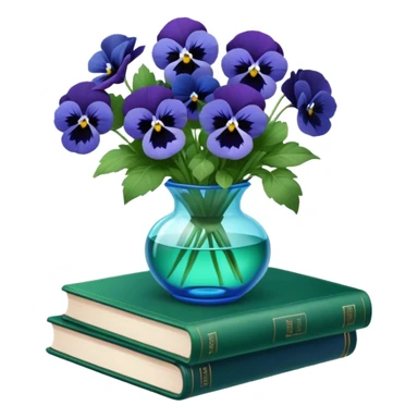 Aesthetically arranged books in dark green and next to them a bouquet of blue pansies in a light green glass vase sticker