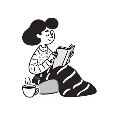 A cozy self-care illustration featuring a person reading a book, wrapped in a blanket, with a cup of tea nearby sticker
