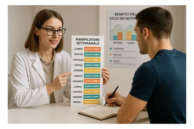 nutritionist showing an athlete a vertical weekly meal planner with alternating high-carb and low-carb days, color-coded sections for proteins, fats, and carbohydrates, text in Italian written vertically. The athlete is taking notes, with a chart illustrating the benefits of nutrient cycling in the background. Professional atmosphere. sticker