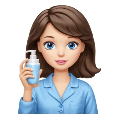 Barbie girl with makeup, blue eyes , and bob long haircut wavy, short brown hair in creamy color pajamas, face cream in hand sticker