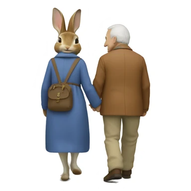 Peter rabbit from the back walk holding hands with an older woman with brown hair  sticker