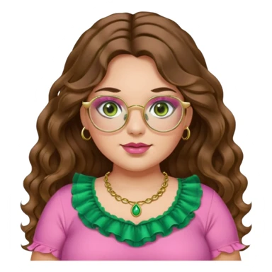 Girl long wavy brown hair with middle part. green gold eyes, plus size, pink frilly top,  gold nose ring. Gold rimmed glasses. Long eyelashes. sticker