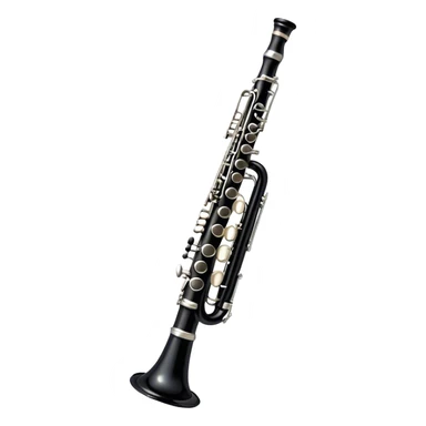 Create an elegant and refined emoji representing A clarinet. The design should showcase the sleek, black wood finish of the clarinet with its shiny metal keys and elegant detailing. Include the distinct, high-quality features, giving it a modern and sophisticated look. Add subtle elements like the mouthpiece with the reed, emphasizing its importance in sound production. Use dark tones like ebony, silver for the keys, and soft light reflections to evoke a professional, classical feel. The background should be transparent. sticker