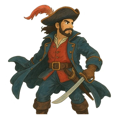 ghibli style pirate with flowing coat and feathered hat sticker