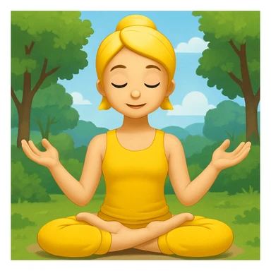 Add a peaceful nature background with trees and sky behind the meditating emoji, keep the classic emoji style sticker