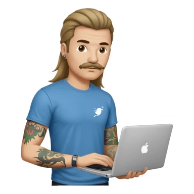 A DEVELOPER WITH A laptop, USING t-shirt, long hair,mullets style, mustache, tattoo, piercing sticker