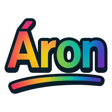 Áron name in modern colorful gradient font with dark outline, partially or fully underlined below the name, transparent background, in the style of sample images sticker