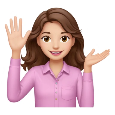 girl with wavy long brown hair, brown eyes, light to medium complexion, long lashes, light pink lipstick, smiling, wearing light pink shirt, waving hello sticker