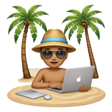 A gender-neutral emoji-style character (🧑‍💻) sitting at a small table with a laptop on the beach, palm tree and sea behind sticker