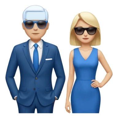 White woman with blonde hair wearing sunglasses and a blue dress, standing next to a tall bald white man sticker