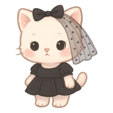 pastel toon style white baby cat wearing a black mini dress and black veil sticker
