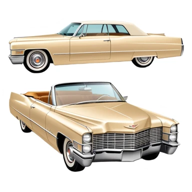 Simple beige 1966 Cadillac DeVille with minimal details, clean lines, streamlined 30-degree view, reduced to essential elements only, Once Upon a Hollywood car, iOS emoji style sticker