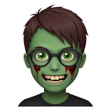 Zombie emo boy, green skin and brown hair and eyes, black glasses and a scary cut open smile, scars and blood under eyes sticker