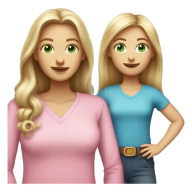 mother with long light brown and green eyes plus daughter with long dirty blonde hair and blue eyes, both with “pink shirts” sticker