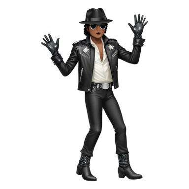 Icon for R&B Music: Michael Jackson on stage in full body, wearing his iconic concert costume—black leather jacket, sequined glove, fedora, and boots. He strikes a powerful pose, embodying the energy of R&B music. Transparent background. sticker