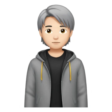 asian young man with long curtains style hair in grey jacket and black t-shirt sticker