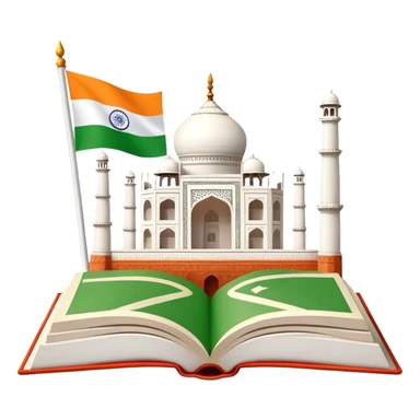 An icon featuring the Taj Mahal and the flag of India, symbolizing the Hindi language. The design includes an open book with hindi text, representing language learning and cultural richness. Transparent background highlights the heritage of India. sticker
