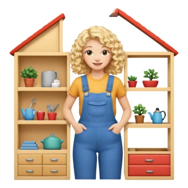 smiling blonde curly woman arranging furniture in doll house with overalls sticker