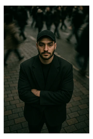 overhead shot of me standing still on a brick city sidewalk, wearing a dark oversized blazer,
motion-blurred crowd rushes past around me. Moody lighting, 35mm film look, shallow depth of field, sharp focus on me. sticker