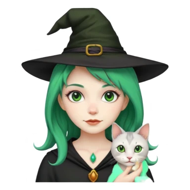 Witch with cat companion, green haired sticker