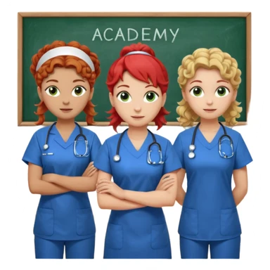 3 nurses: nurse 1 is wearing green work clothes, curly hair, middle european. nurse 2 is wearing blue work clothes, blond straight hair, scandinavic, nurse 3 is wearing white work clothes, red hair put into a bun, slavic. they all stand in a classroom, "Academy" written in white on board sticker