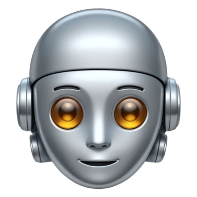 A cute futuristic robot emoji made of silver chrome, rounded friendly body, minimal facial features, glossy metallic surface, soft reflections, iOS emoji style, centered, clean white background sticker