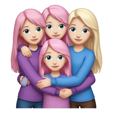 Girlfriend emoji - four white grips hugging and smiling    One girl with long light pink hair and blue eyes, one girl with blue eyes and light blonde hair, and 2 girls with brown eyes and long dark brown hair. sticker