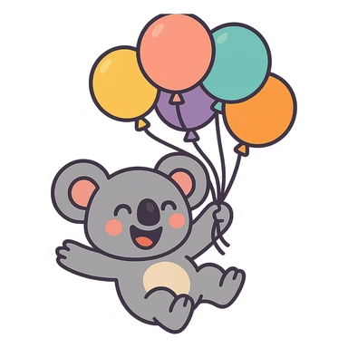 koala floating with pastel balloons, happy face, vibrant toon style sticker