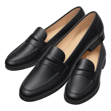 Aesthetic black loafers emoji, soft pastel minimal illustration, smooth shiny leather, delicate highlights, simple cute proportions, fashion sticker style, clean white background, soft shadow, minimal luxury vibe, high resolution, centered, sticker