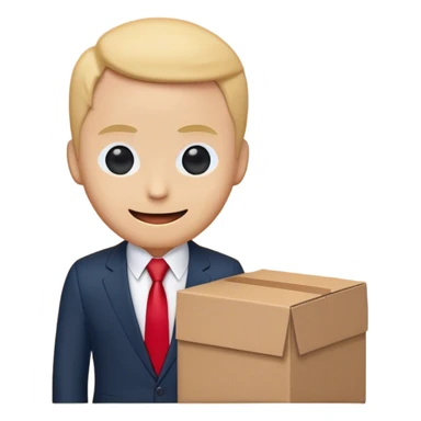 An emoji depicting a professional figure dressed in a sleek dark suit, crisp white shirt, and a red tie. The figure's head is humorously replaced by a cardboard box, featuring a minimalistic, friendly face with two circular eyes and a gentle, smiling mouth drawn in dark blue. The style is clean, flat, and simplified, suitable for clear visibility at small emoji scales. Designed for versatile use with a transparent background for easy integration into messaging platforms." sticker