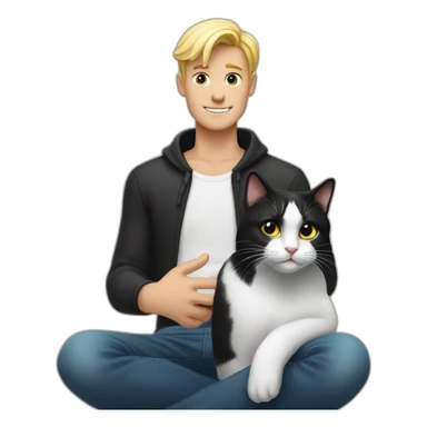 a blond man who makes a heart with his hands and sits next to a black and white cat sticker
