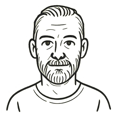 A middle-aged man with a medium slightly gray beard, short hair cut to the scalp on the sides and combed back on top, blue eyes sticker