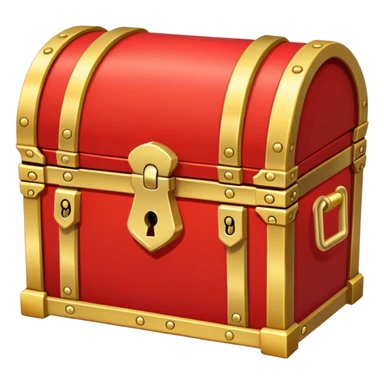 A bright red treasure chest from an RPG game with gold trim and a lock sticker