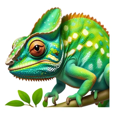 cinematic giant-smiling. chameleon-realistic emoji,-blending-with-vibrant-greenery.-detailed-scales-in-shifting-colors,-showing-the-chameleon’s-ability-to-camouflage.-soft-natural-light-highlights-its-texture.-light-background, zoomed into its face sticker